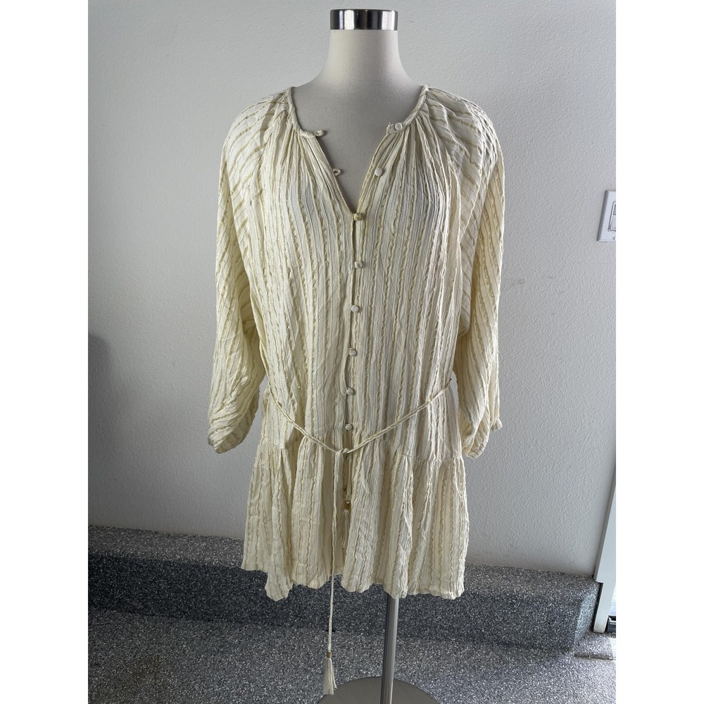 L*Space Cover Up Womens Medium White Metallic Stripe Button Tassel Tunic